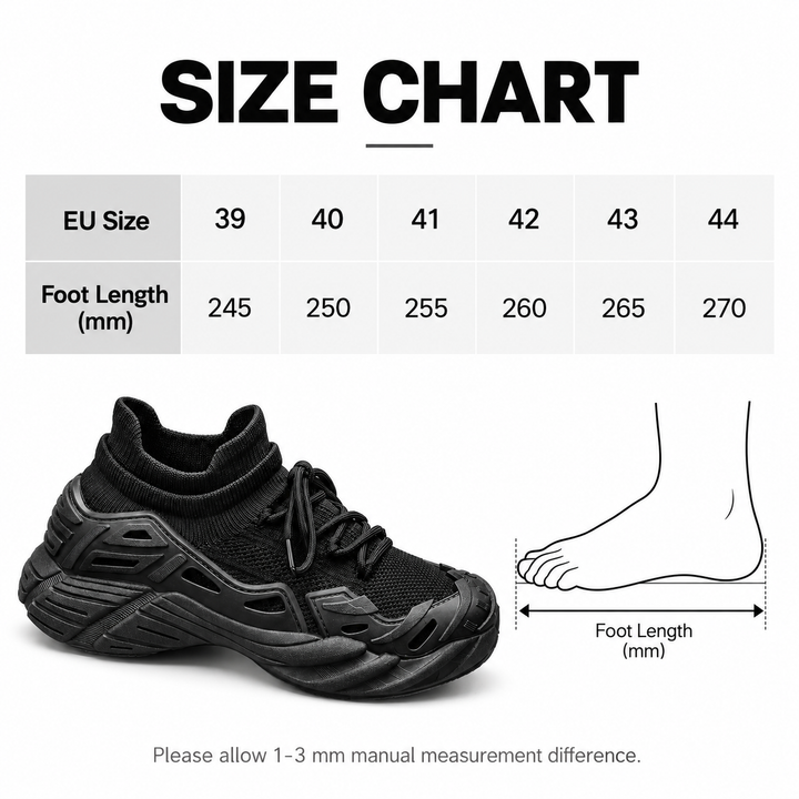 Running shoe size chart for sizes 39 to 44 with foot length in millimeters
