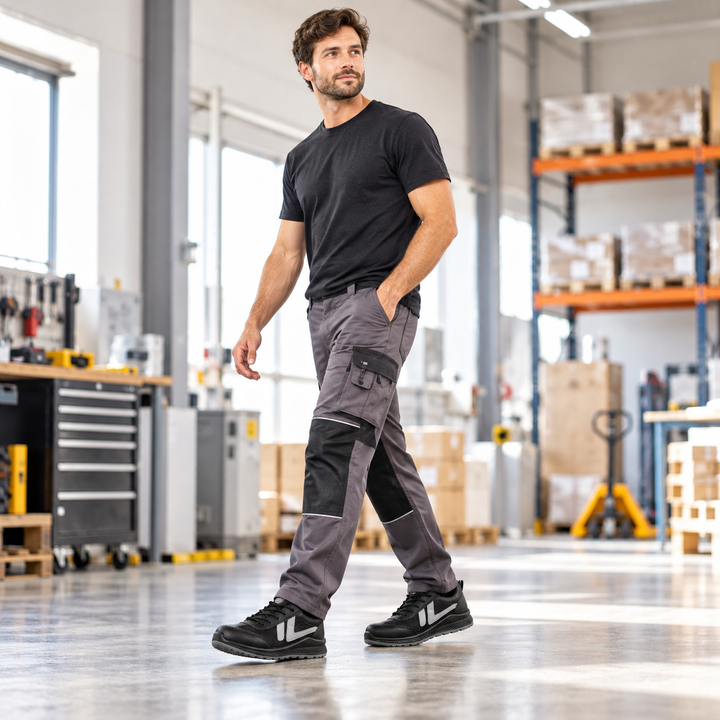 Men wearing black and white work shoes in a warehouse