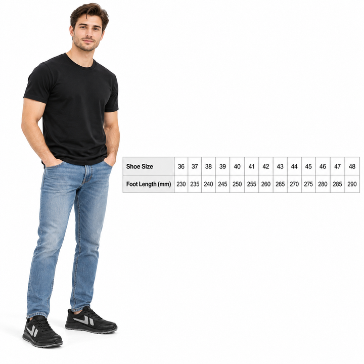Safety shoes size chart EU 36 to 48 with foot length in mm