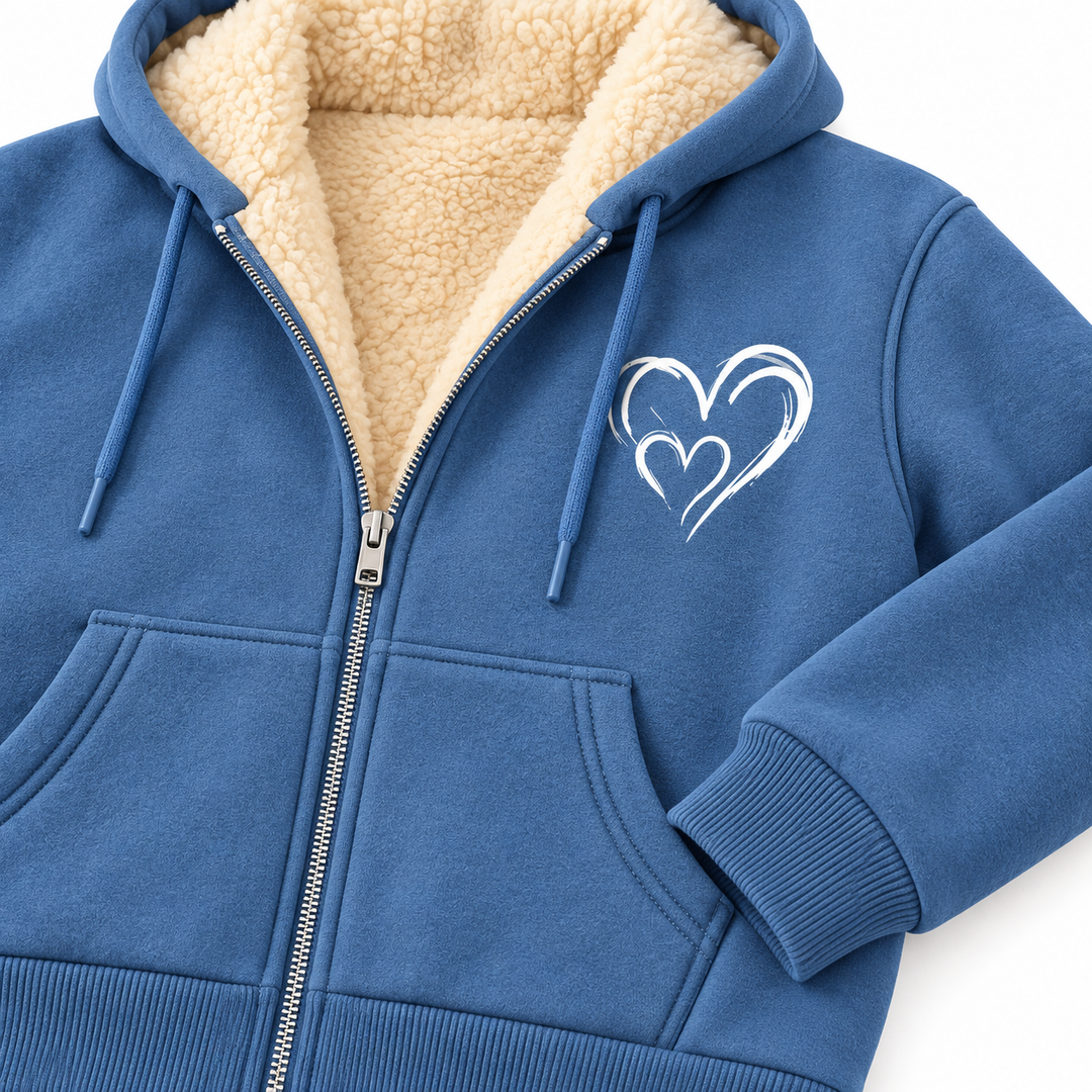Close-up of dusty blue sherpa-lined zip hoodie showing heart graphic, pocket, cuff and zipper.