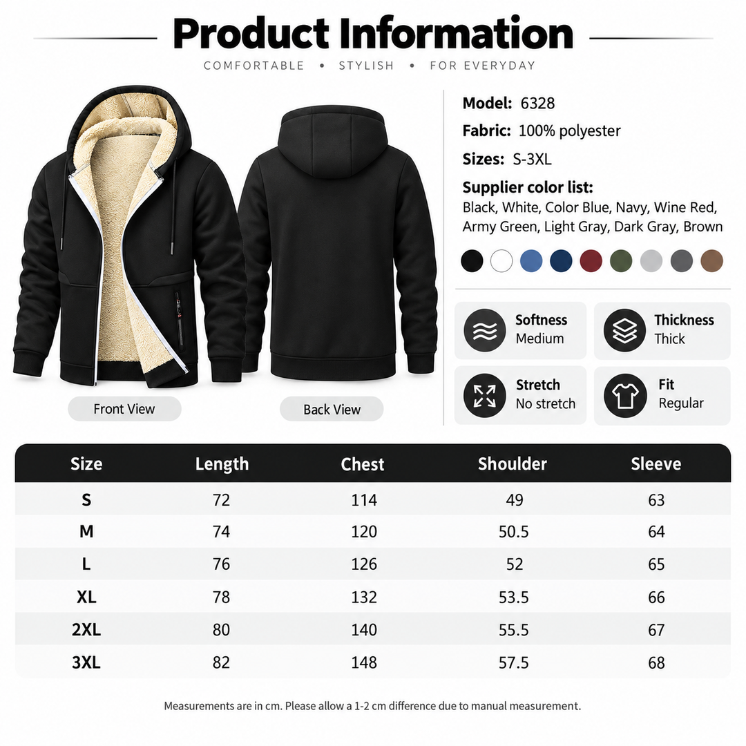 Product information and size guide for the men&