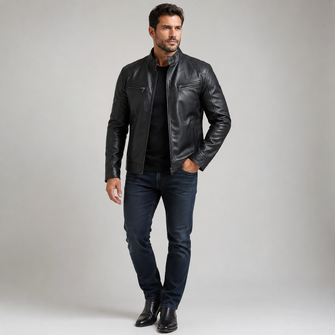 Men's stand collar motorcycle leather jacket in black on a male model