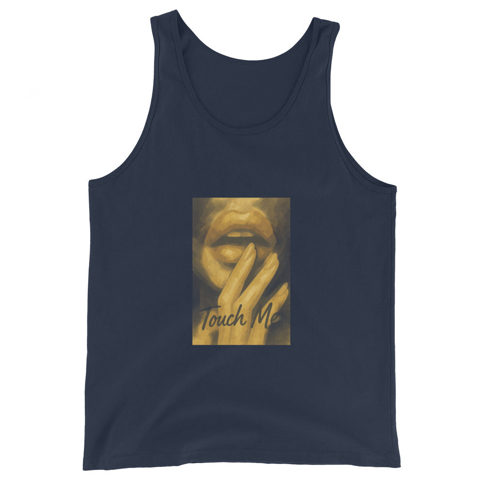 Navy unisex tank top with lips and 'Touch Me' print