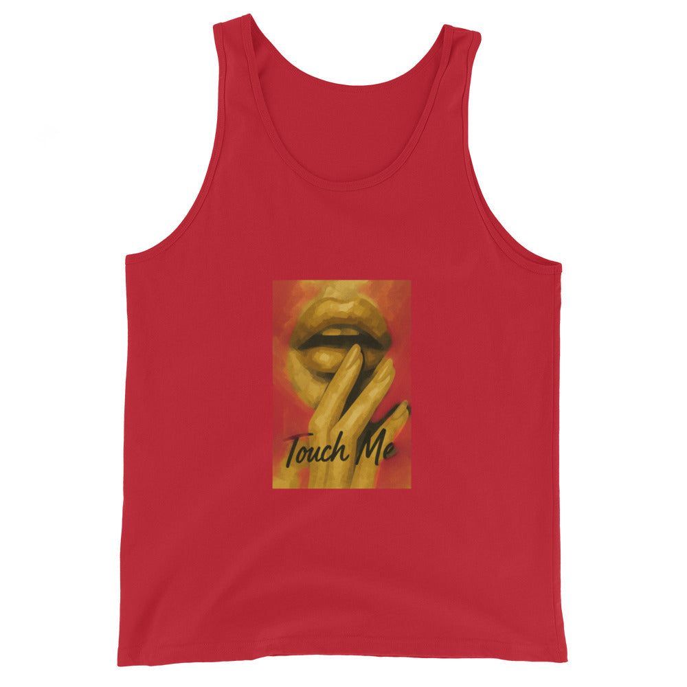 Red unisex tank top with lips and fingers graphic