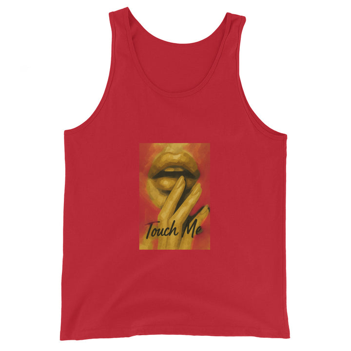 Red unisex tank top with lips and fingers graphic