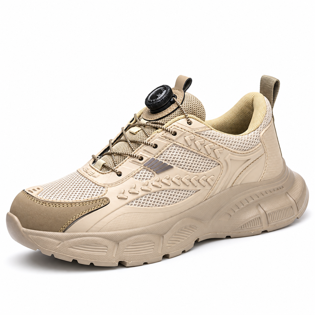Beige steel toe work shoes shown from a front three-quarter angle highlighting the mesh upper and sole on a white background.