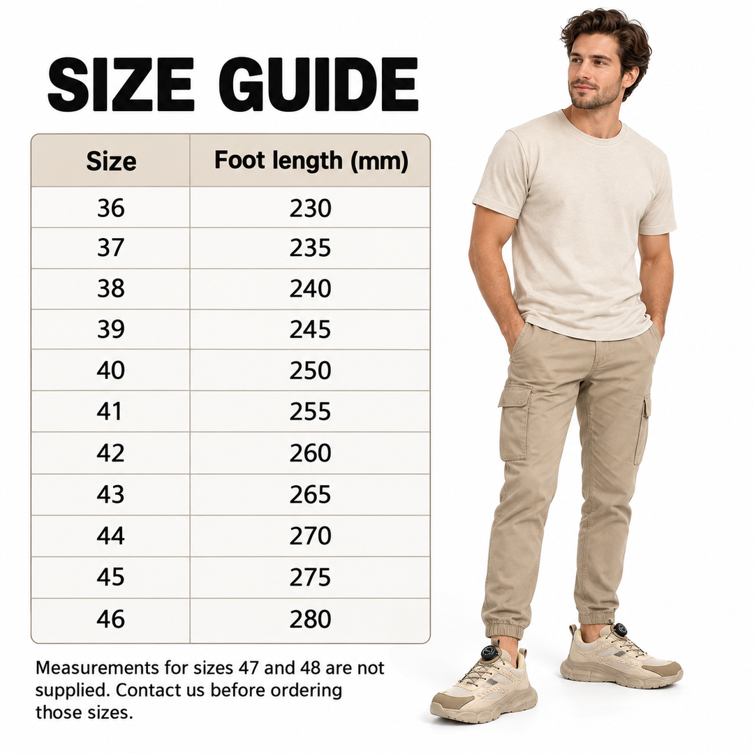 Size guide with male model showing sizes 36 to 46 and foot length 230 to 280 mm; measurements for 47 and 48 are not supplied.