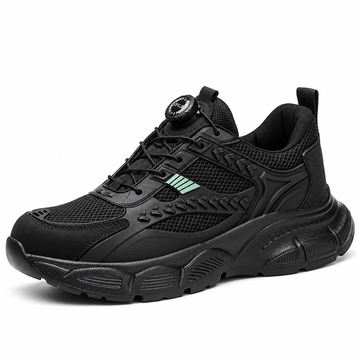 Black model 9233 shoe on white with mesh upper, front rotary fastening, green stripe details and a matching sculpted outsole.