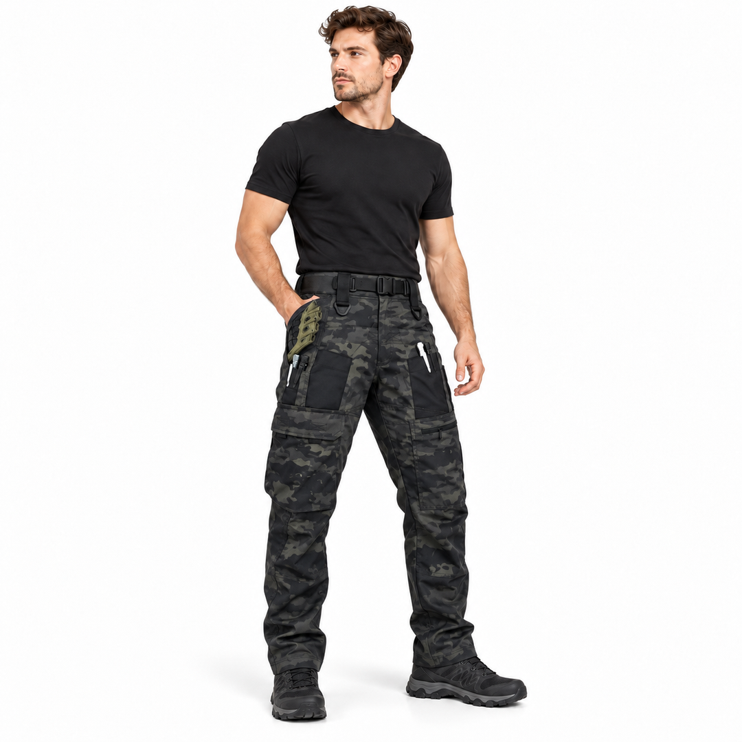 Dark Night Camouflage tactical cargo pants on a male model, front view