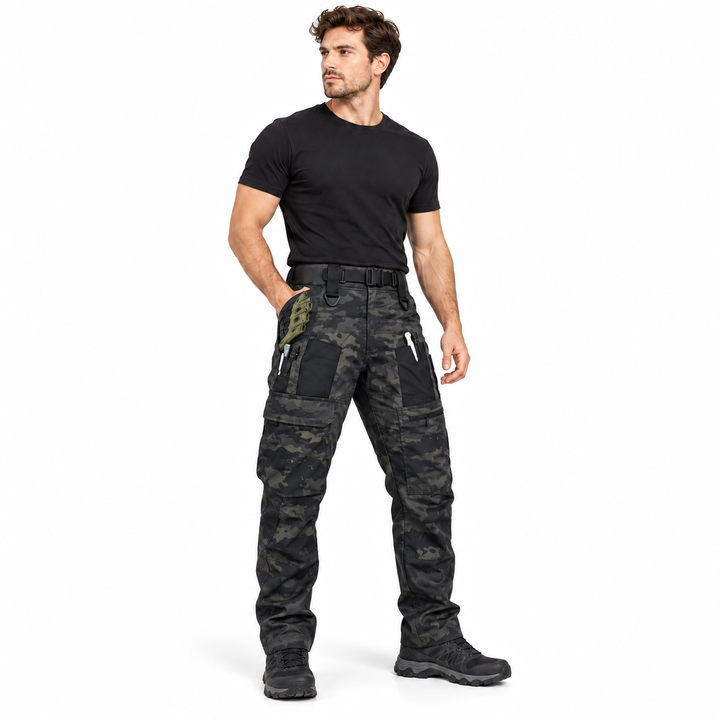 Dark Night Camouflage tactical cargo pants on a male model, front view