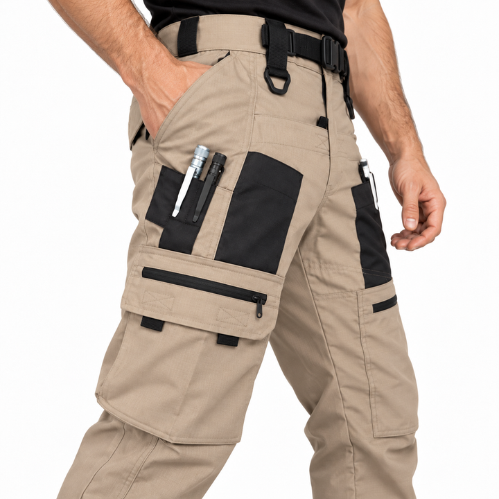 Khaki tactical cargo pants close-up showing contrasting utility pockets and stitching