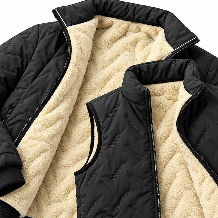 Close-up of black jacket and vest showing textured light beige interior lining