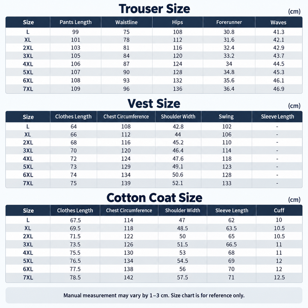 Size chart for black and gray three-piece winter set, sizes L to 7XL in centimeters