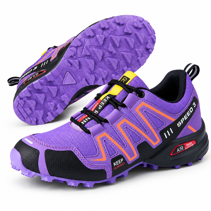 Purple trail running shoes showing side profile and lugged outsole