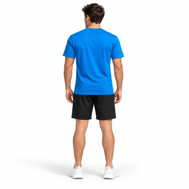 Male model wearing blue T-shirt and black shorts 2-piece set back view