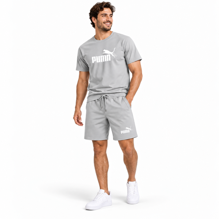 Male model wearing light grey T-shirt and shorts 2-piece set