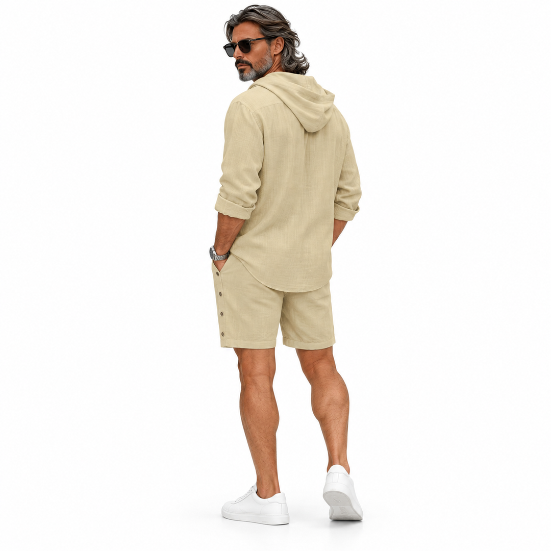 Khaki hooded shirt and shorts set shown from the back on white background
