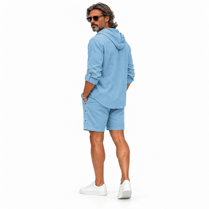 Sky Blue hooded shirt and shorts set shown from the back on white background