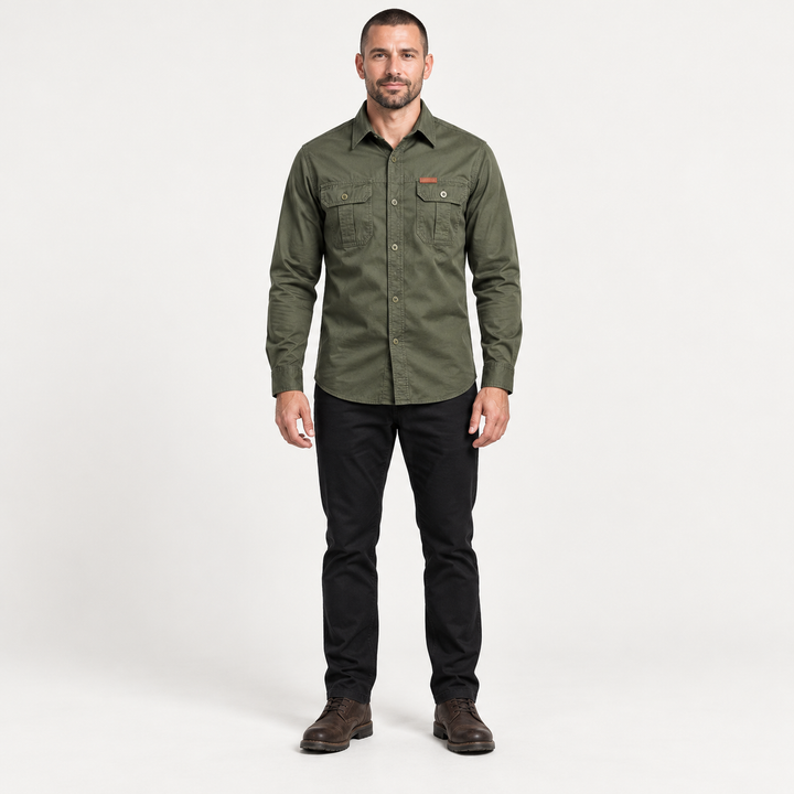 Front view of an army green utility shirt on a full-body male model.