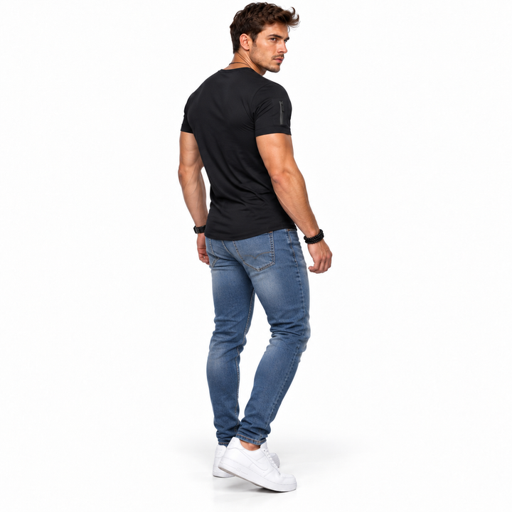 Black short sleeve V-neck shirt on male model, rear three-quarter view
