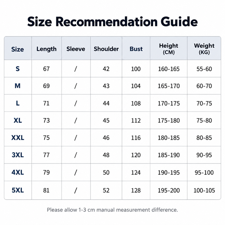 Size recommendation chart for shirt sizes S to 5XL with height, weight, shoulder, bust and length