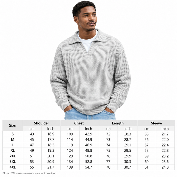 Size guide for a long sleeve polo showing verified S to 4XL shoulder, chest, length and sleeve measurements in cm and inches.