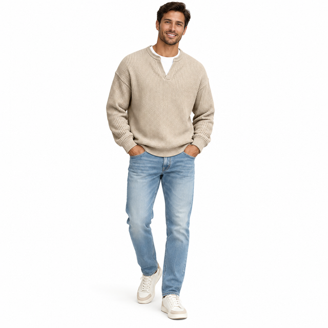Men's waffle shirt beige variant full-body main view on white background