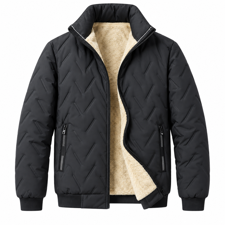 Black quilted winter jacket front view with high collar, zip pockets and light beige lining