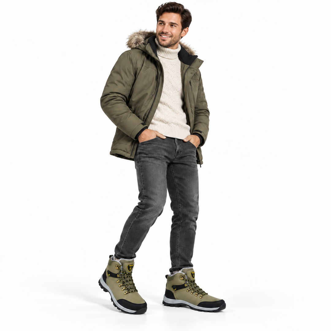 Men wearing khaki plush winter snow boots with yellow accents on white studio background