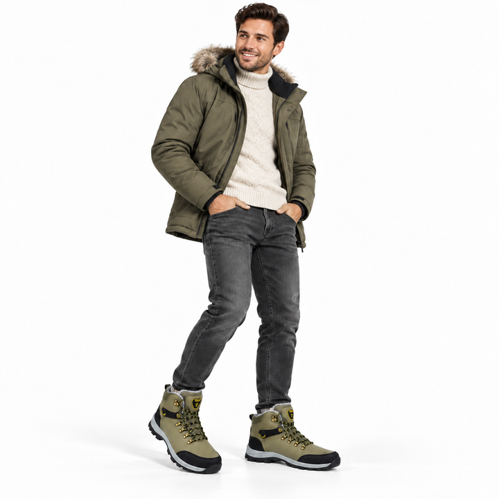 Men wearing khaki plush winter snow boots with yellow accents on white studio background