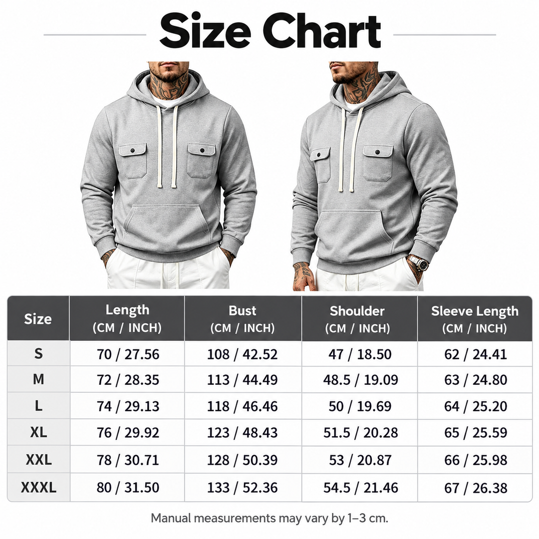 Size chart showing hoodie measurements for sizes S through 3XL