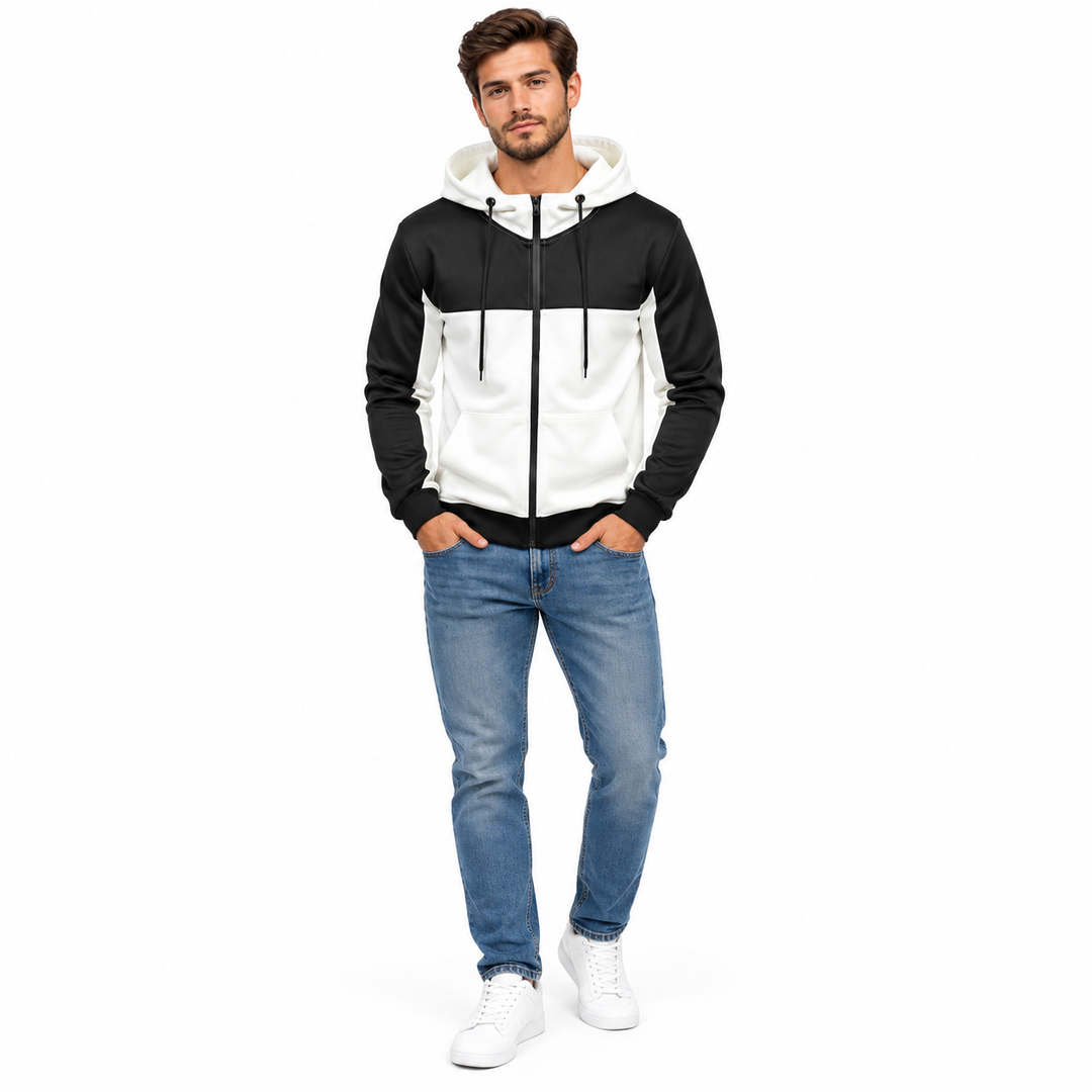 Men's zip up hoodie in black and white colorblock front view on male model