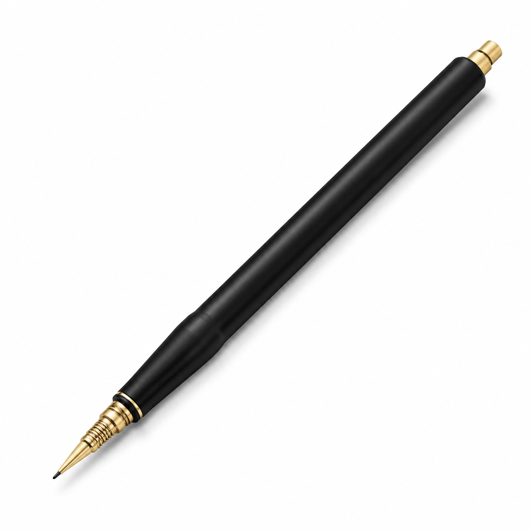Black metal calligraphy pen with gold 0.5mm tip on white background