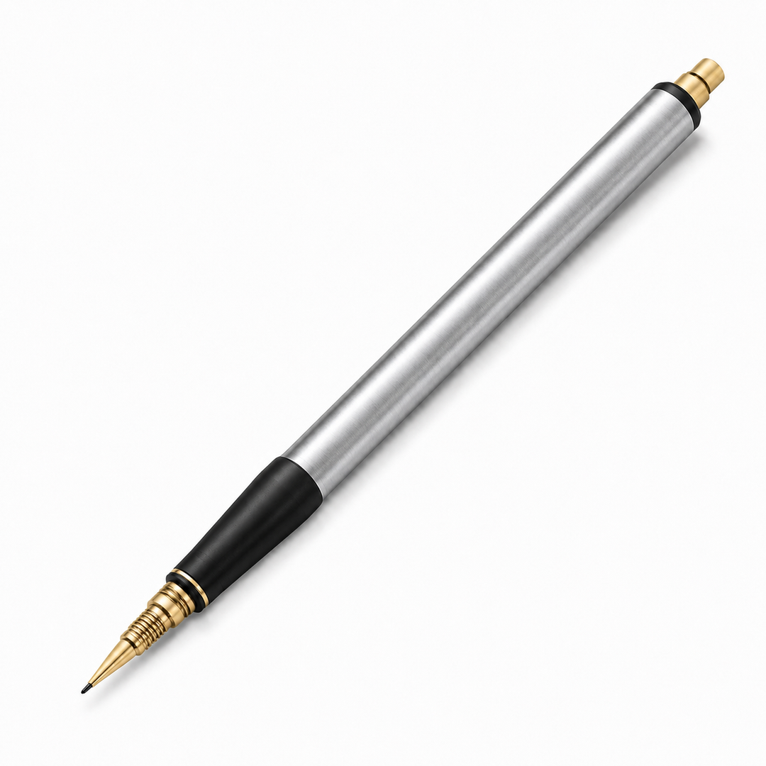 Silver black metal calligraphy pen with gold tip on white background