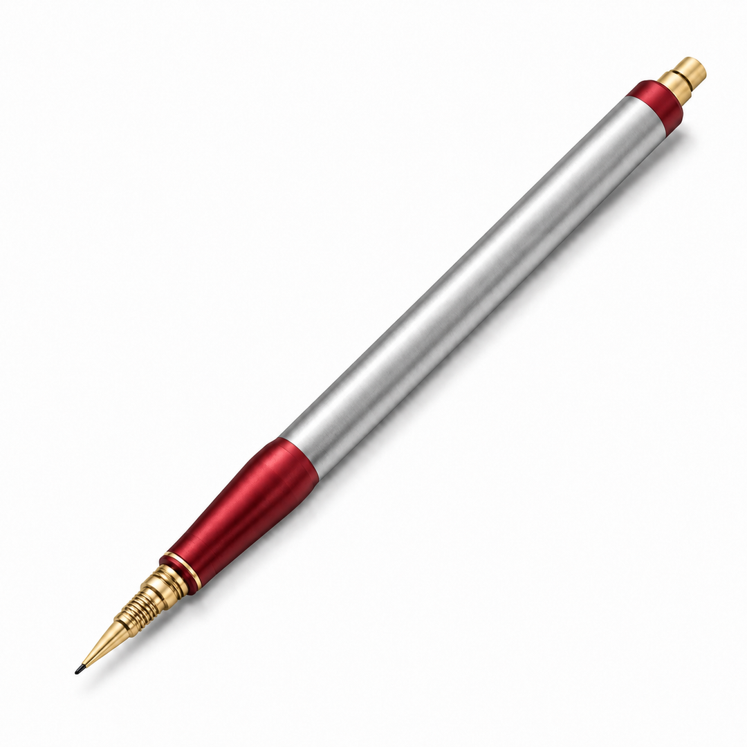Silver red metal calligraphy pen with gold tip on white background