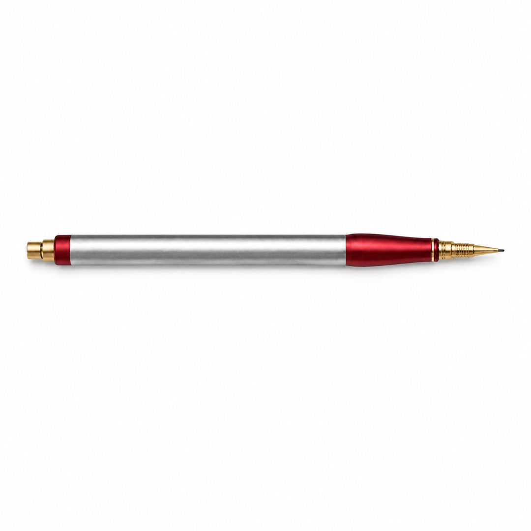 Silver red calligraphy pen side view on clean white background