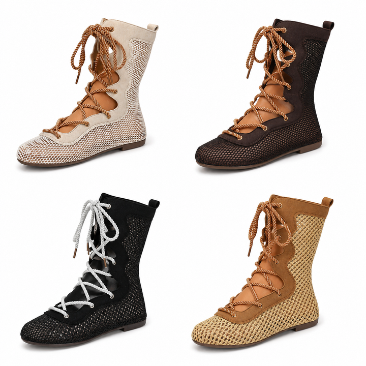 Ivory, Brown, Black and Camel mid calf mesh lace-up boot variants shown together on a clean white background.