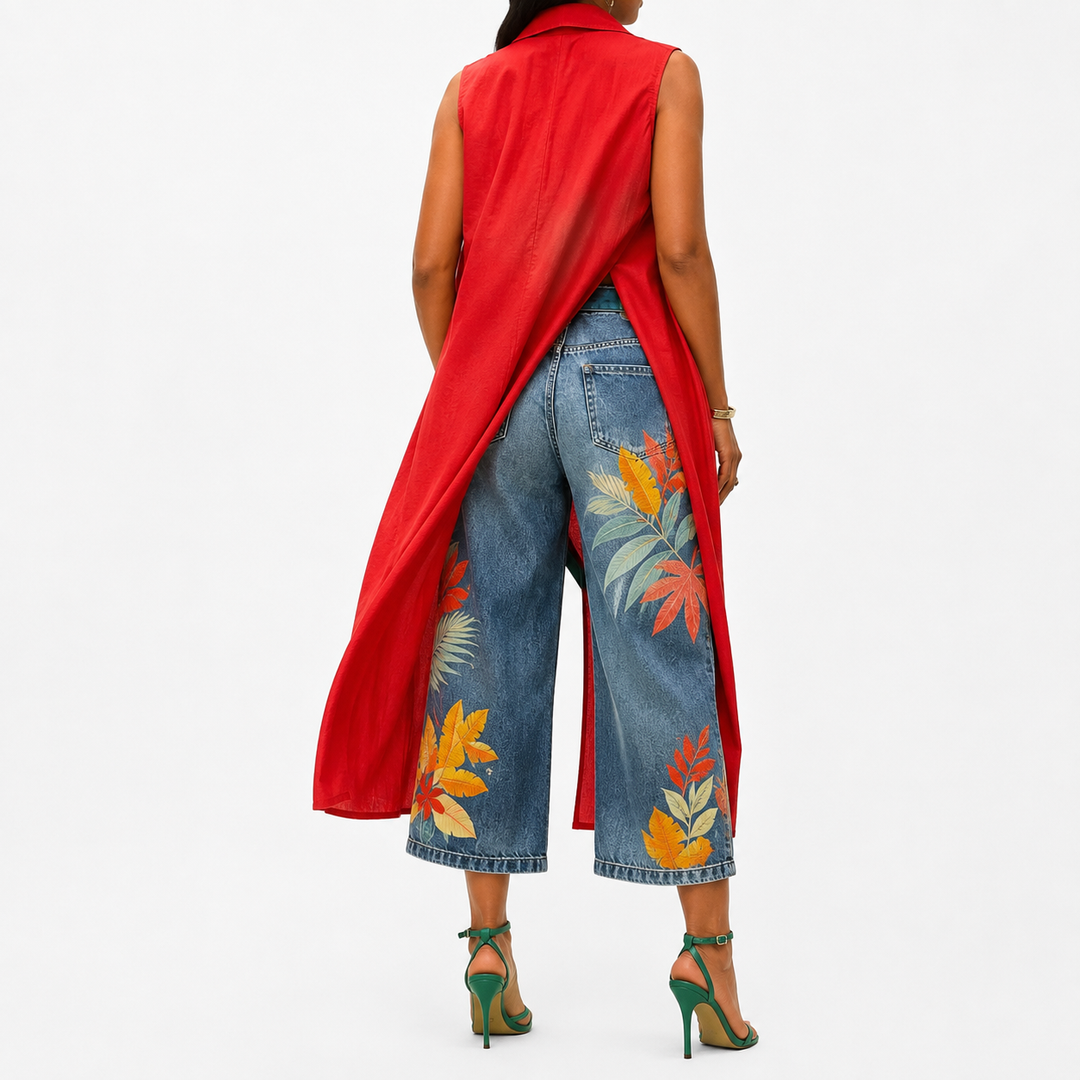Printed wide-leg capris back view on female model showing the cropped shape and existing design placement shopping reference.