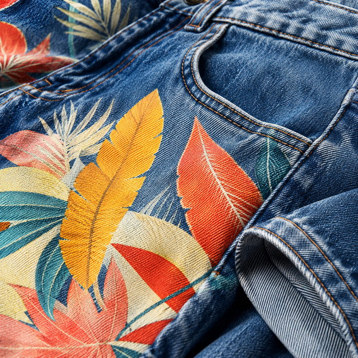 Printed denim close-up showing existing texture stitching and finish on the wide-leg cropped pants product image studio view.