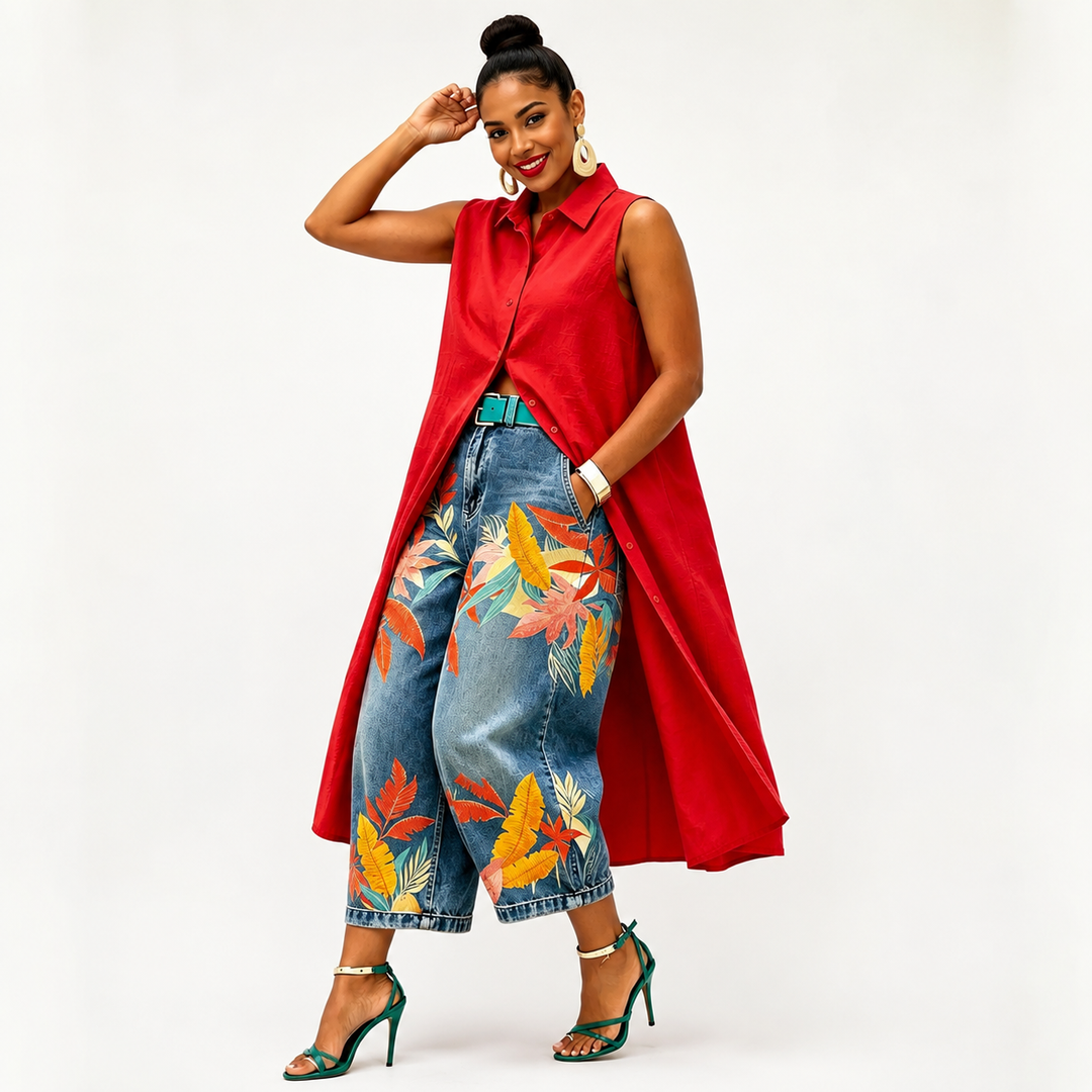 Denim capri pants main image on female model showing mid-rise waist wide-leg crop and colorful printed design product detail.