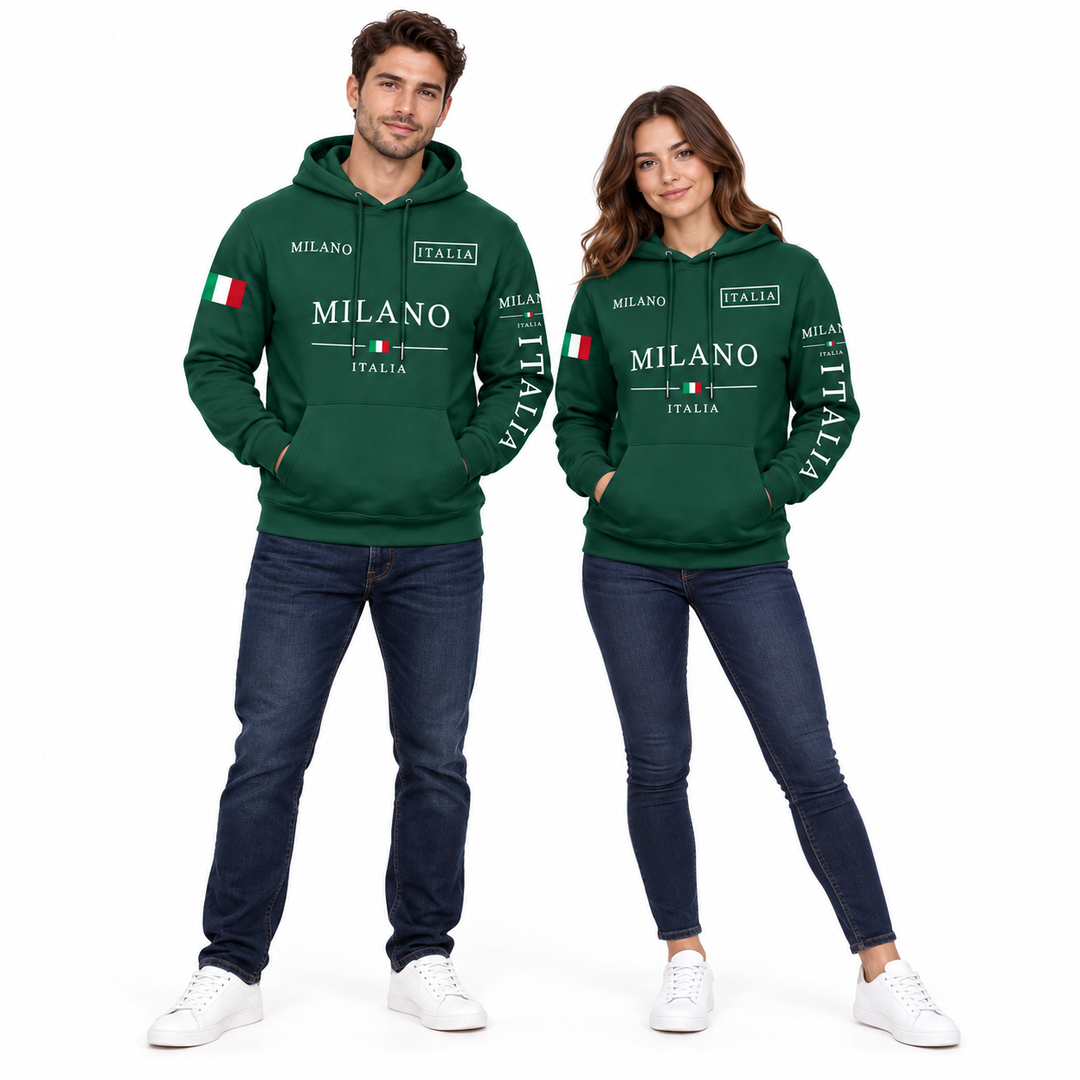 Unisex Milano graphic hoodie in forest green worn by a man and woman on a white background