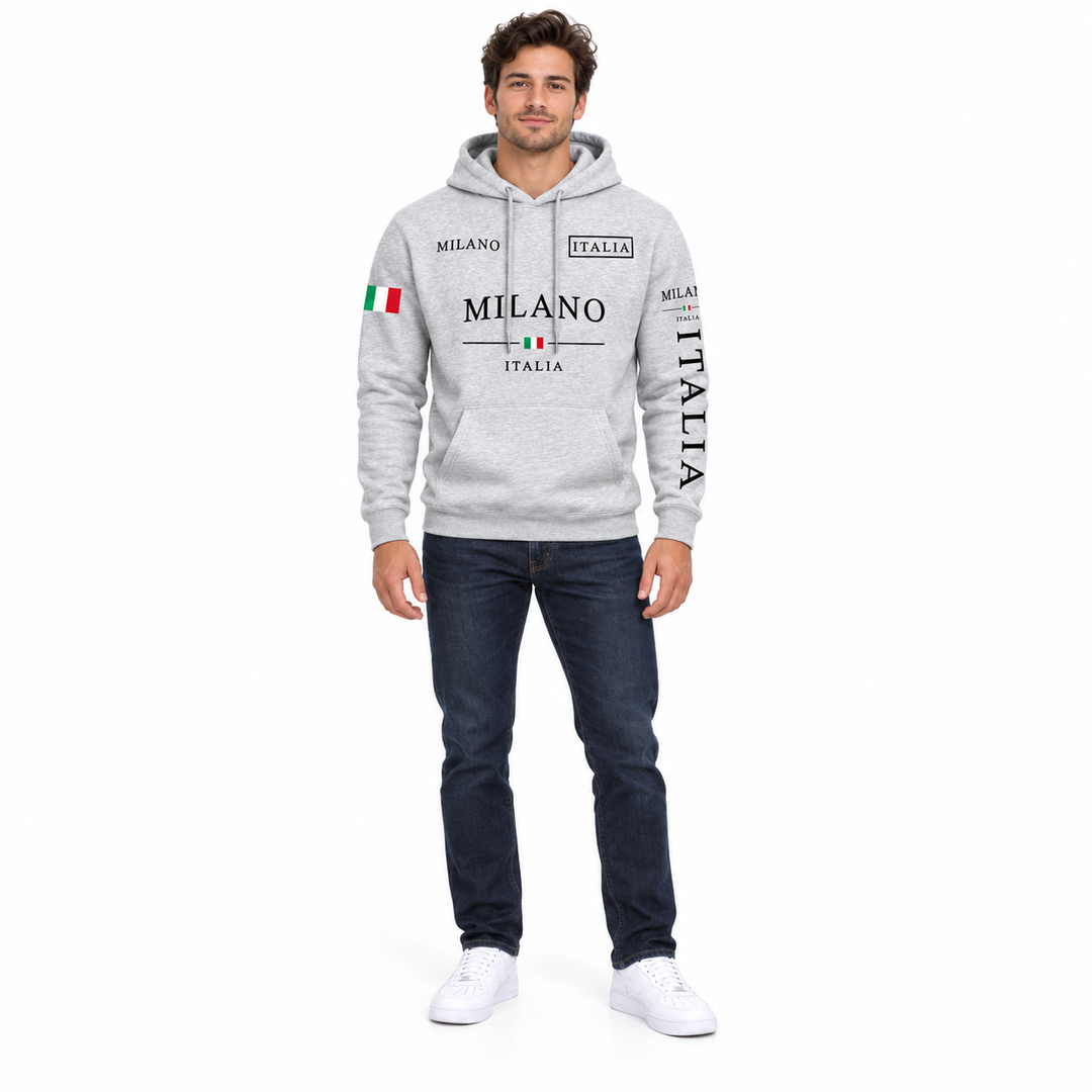 Light gray printed pullover hoodie on a male model, front view