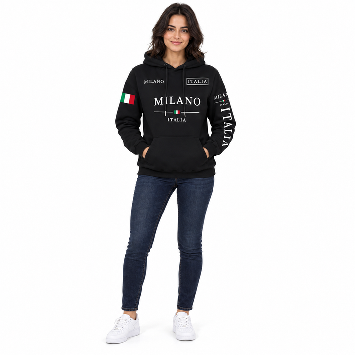 Black printed pullover hoodie on a female model, full-length front view