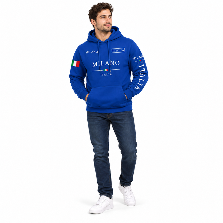 Royal blue hoodie with Italian flag and sleeve lettering on a male model
