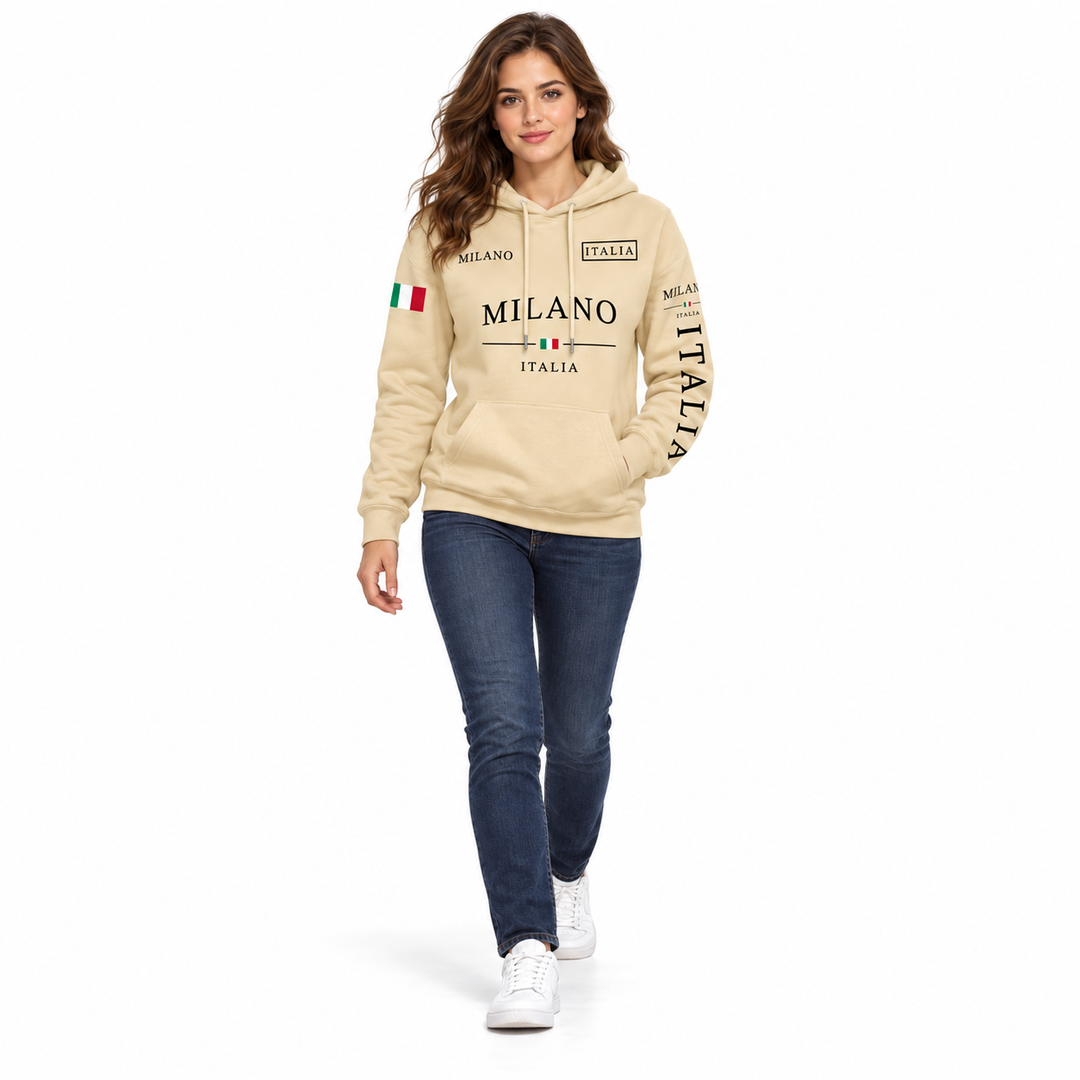 Beige graphic pullover hoodie on a female model in a walking pose