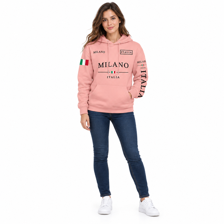 Pink hoodie with black Milano and Italia lettering on a female model