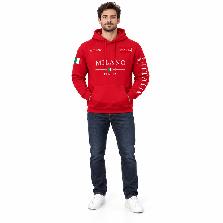 Red printed hoodie with white lettering on a male model, front view