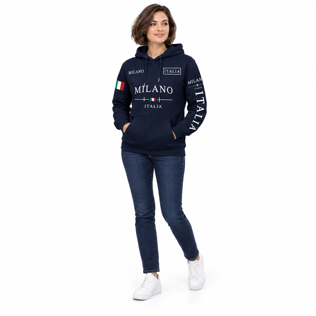 Navy pullover hoodie with white sleeve lettering on a female model