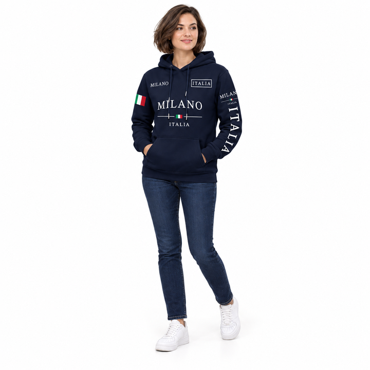 Navy pullover hoodie with white sleeve lettering on a female model