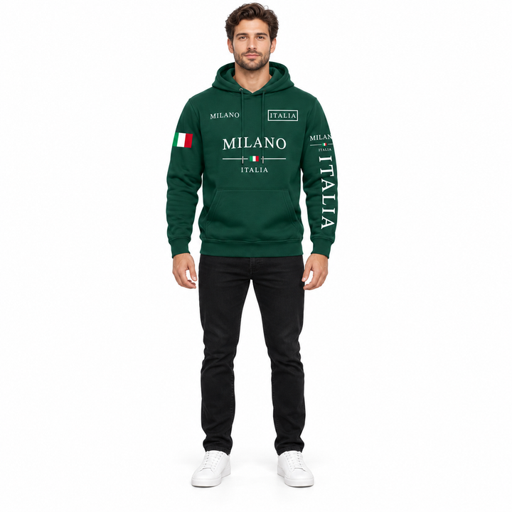 Forest green Milano graphic hoodie on a male model, full-length front view